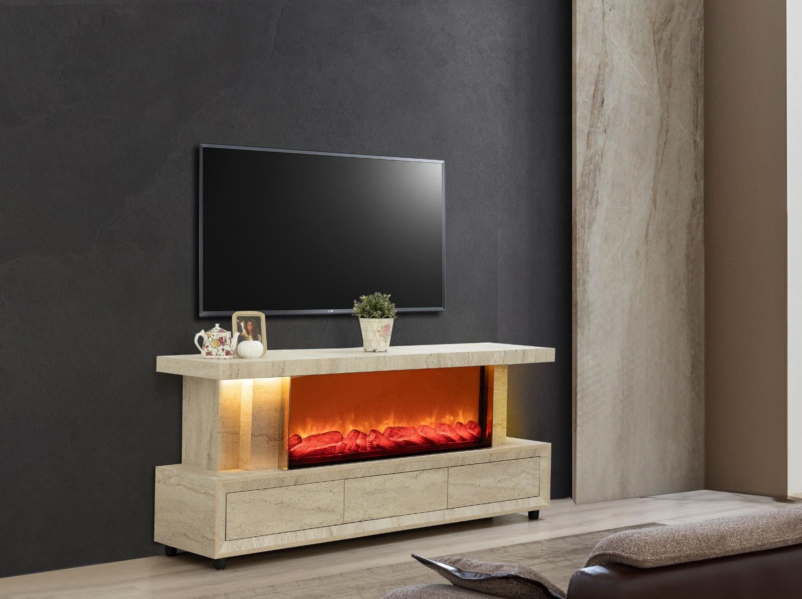 Efes Mdf Şömineli Traverten Bluetooth Bağlantılı Renk Değişimli Tv Ünitesi