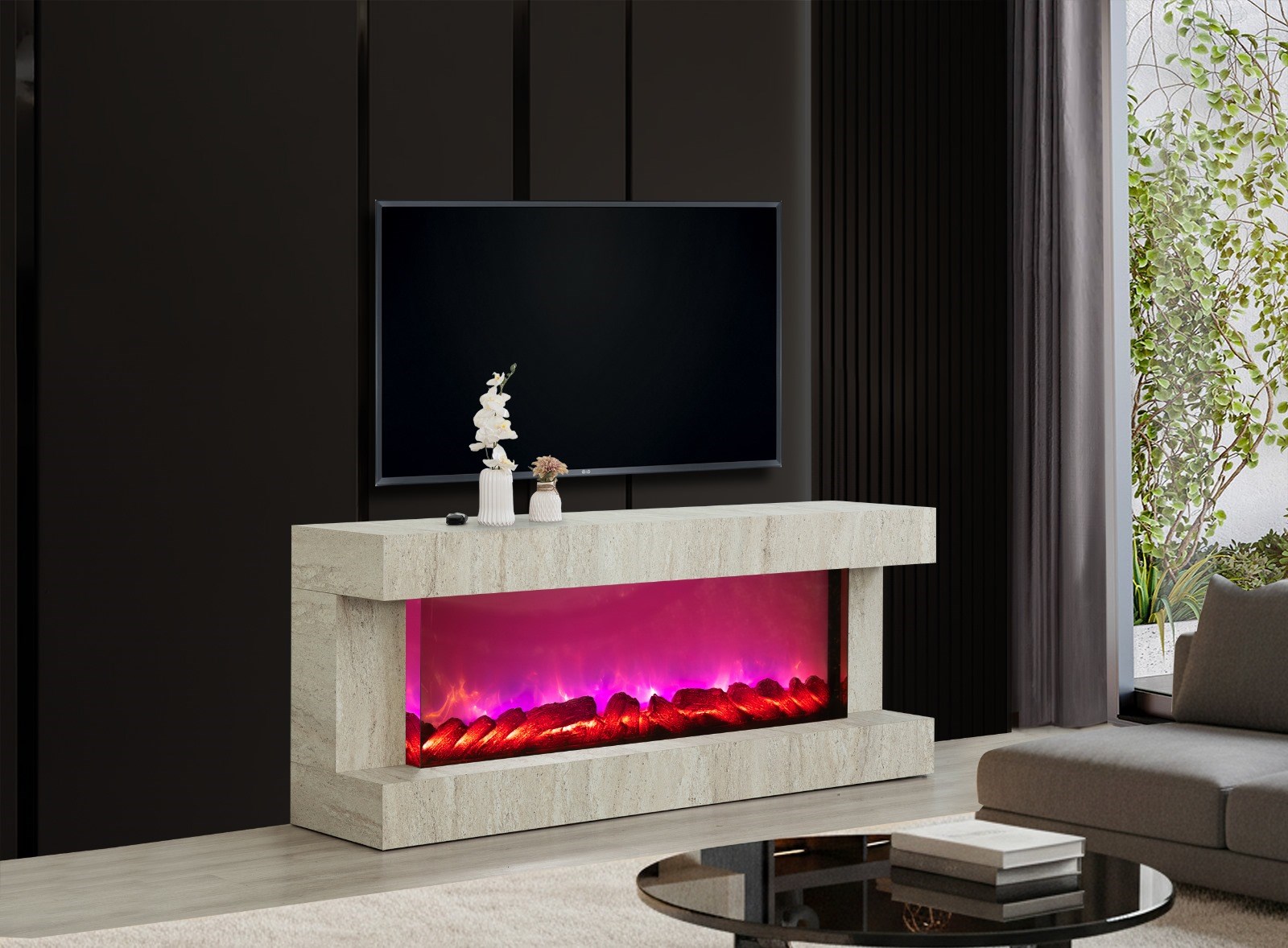 Aren Mdf Traverten Bluetooth ve Renk Değişim Özellikli Şömineli Tv Ünitesi