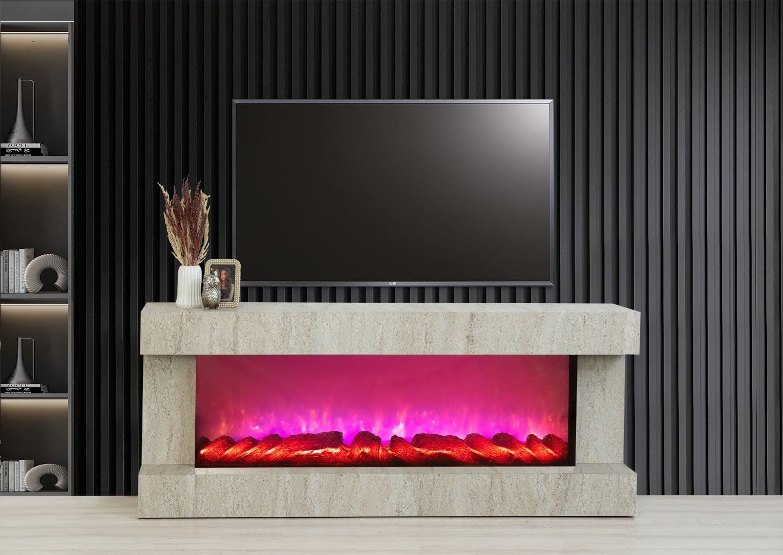 Aren Mdf Traverten Bluetooth ve Renk Değişim Özellikli Şömineli Tv Ünitesi