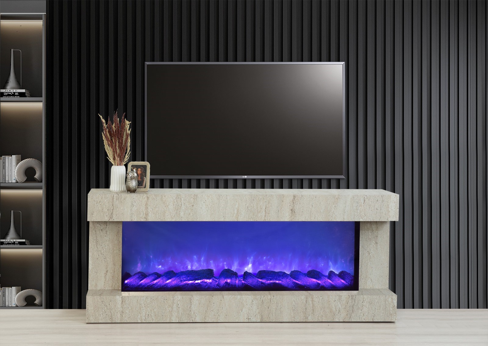 Aren Mdf Traverten Bluetooth ve Renk Değişim Özellikli Şömineli Tv Ünitesi