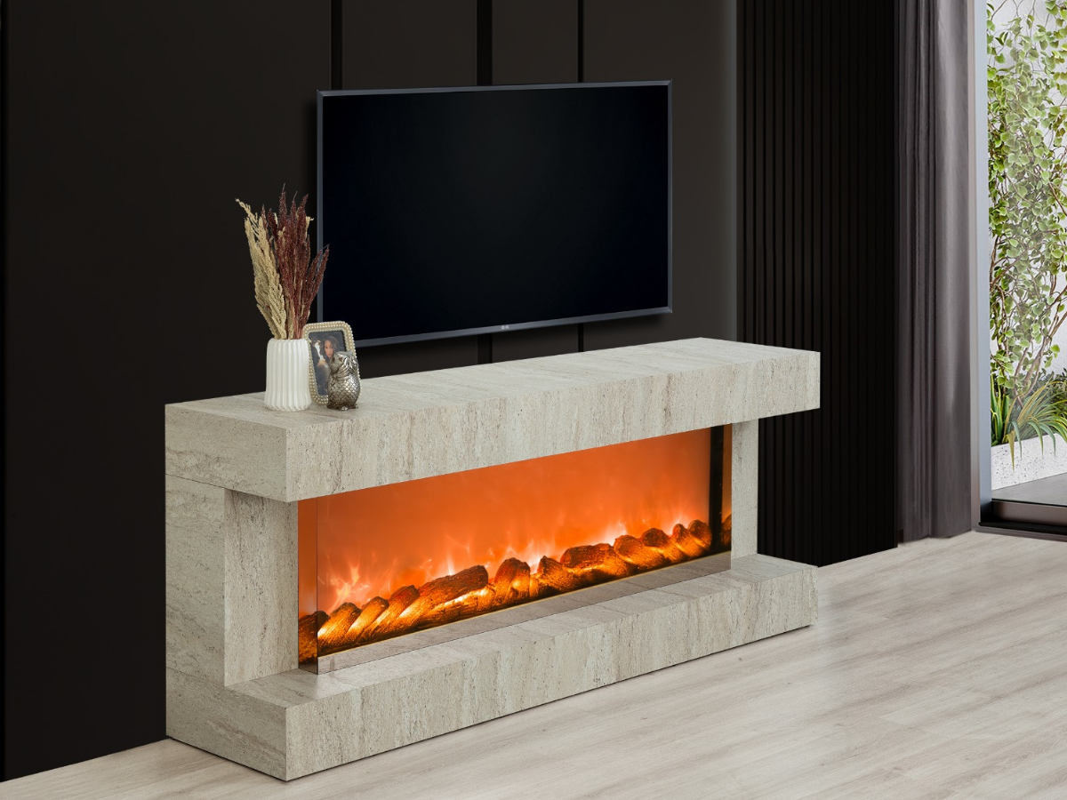 Aren Mdf Traverten Bluetooth ve Renk Değişim Özellikli Şömineli Tv Ünitesi