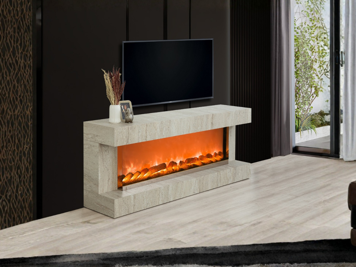 Aren Mdf Traverten Bluetooth ve Renk Değişim Özellikli Şömineli Tv Ünitesi