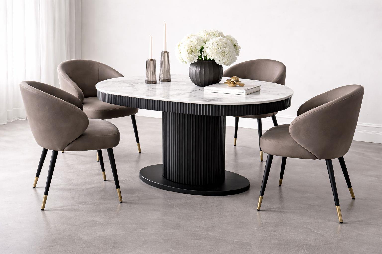 Stone Mdf Siyah Mermer Desenli Masa Sandalye