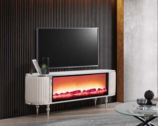 Atina Beyaz Şömineli Tv Ünitesi Kumaş Kaplama Yan Detay