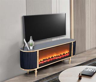 Atina Siyah Şömineli Tv Ünitesi Kumaş Kaplama Yan Detay