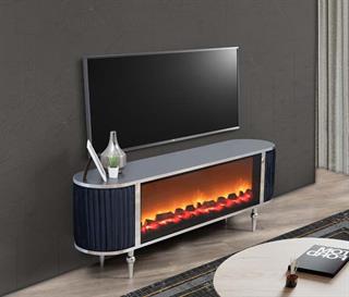 Atina Şömineli Antrasit Tv Ünitesi Kumaş Kaplama Yan Detay