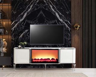 Belgrad Beyaz Şömineli Tv Ünitesi Bluetooth Bağlantılı Kumandalı Renk Seçenekli