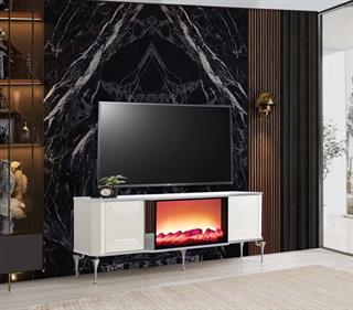 Belgrad Beyaz Şömineli Tv Ünitesi Bluetooth Bağlantılı Kumandalı Renk Seçenekli