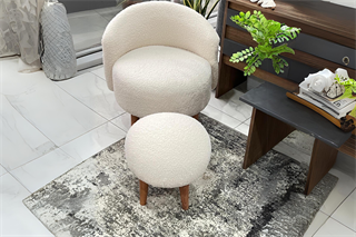 Bukle Ahşap Ayaklı Berjer ve Puf Beyaz