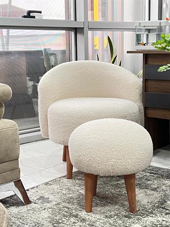 Bukle Ahşap Ayaklı Berjer ve Puf Beyaz