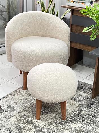 Bukle Ahşap Ayaklı Berjer ve Puf Beyaz