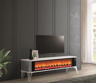 Clas XXL Beyaz Şömineli Komple Cam Tv Ünitesi