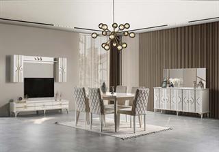 Kristal Duvar Üniteli Yemek Odası Takımı