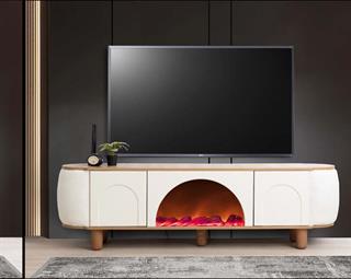 Mostar Beyaz Şömineli Tv Ünitesi Bluetooth Bağlantılı Yanları Kumaş Kaplamalı