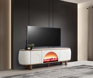 Mostar Beyaz Şömineli Tv Ünitesi Bluetooth Bağlantılı Yanları Kumaş Kaplamalı