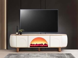 Mostar Beyaz Şömineli Tv Ünitesi Bluetooth Bağlantılı Yanları Kumaş Kaplamalı