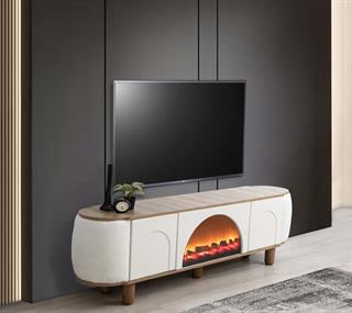 Mostar Beyaz Şömineli Tv Ünitesi Bluetooth Bağlantılı Yanları Kumaş Kaplamalı