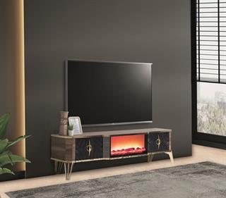 Viyana Ceviz-Siyah Şömineli Çekmeceli Tv Ünitesi