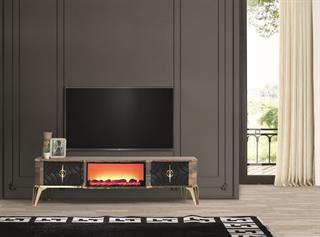 Viyana Ceviz-Siyah Şömineli Çekmeceli Tv Ünitesi