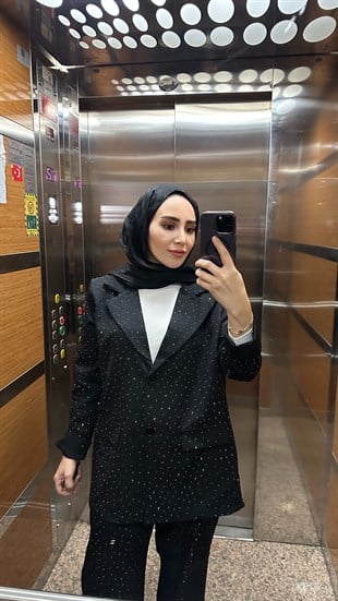 Taşlı ceket takım siyah 