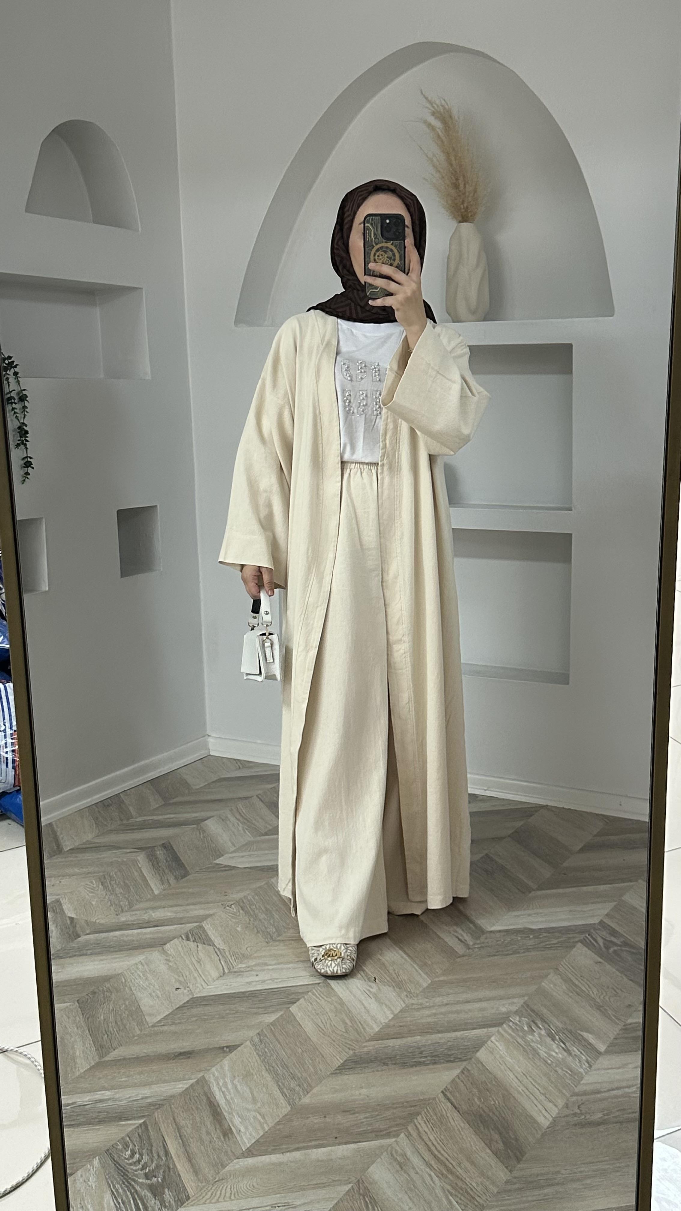 Keten kimono pantolon takım 