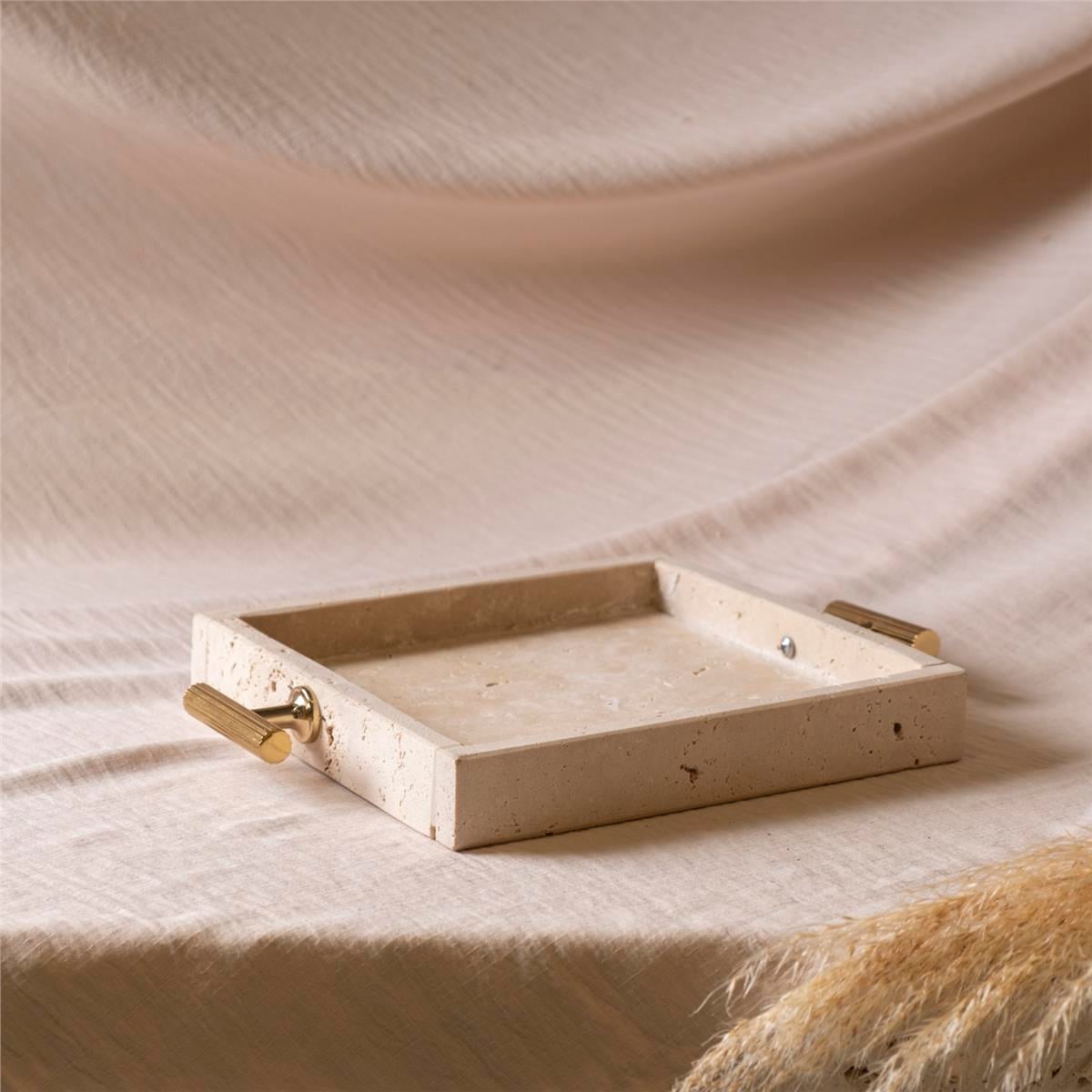 Dekoratif Metal Kulplu 
Traverten Kare Tepsi