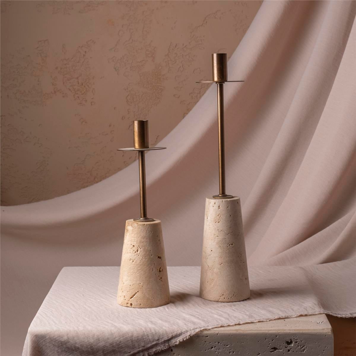 Traverten Mermer Kaideli Eskitme Metal 2Li Şamdanlık