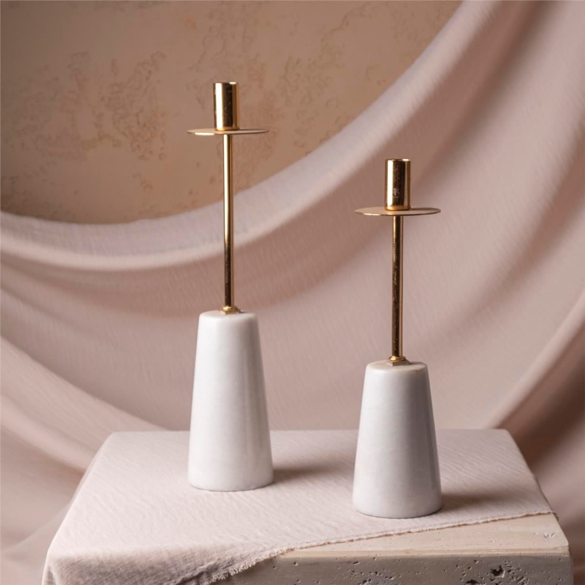 Beyaz Mermer Kaideli Gold Metal 2Li Şamdanlık