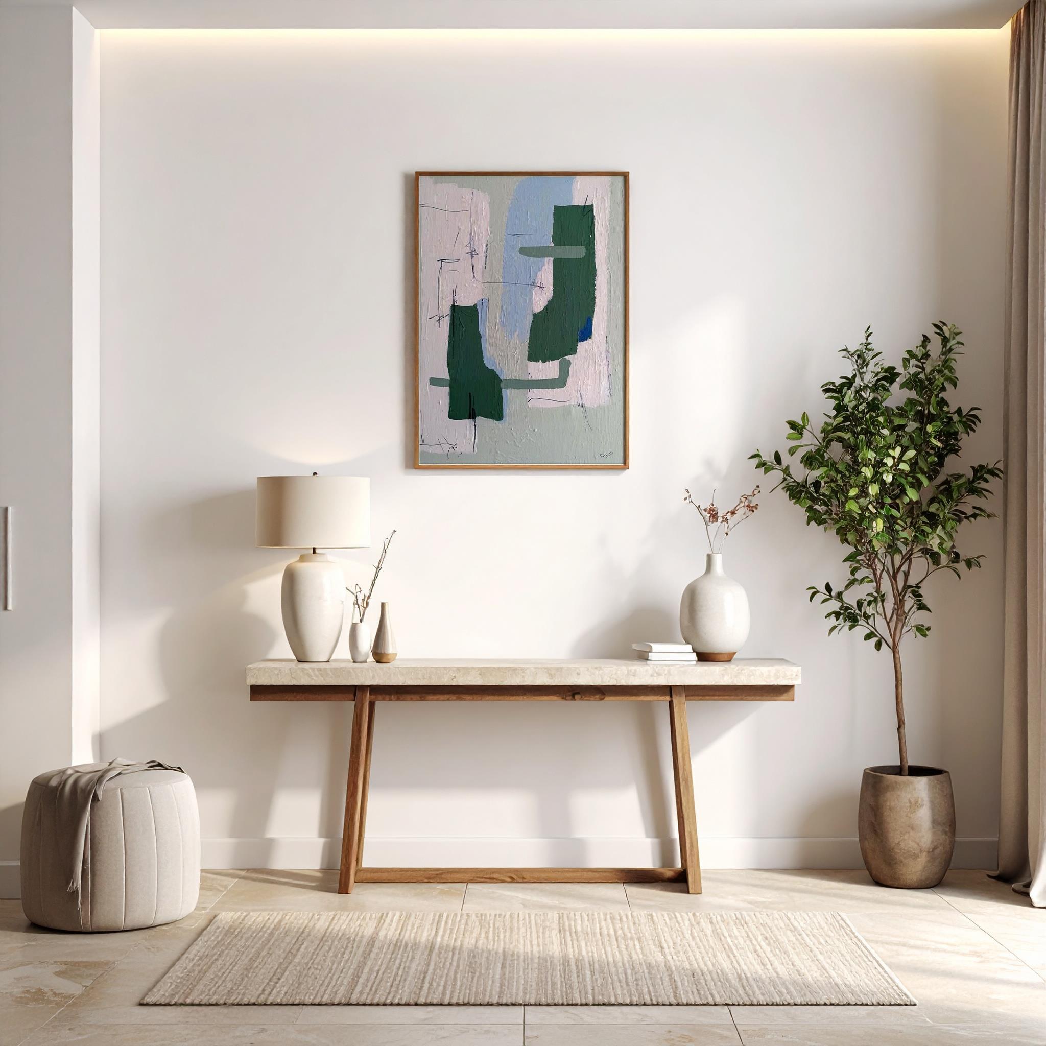 SOYUT YEŞİL VE MAVİ ŞEKİLLER YAĞLI BOYA DOKULU TABLO 90X135 CM