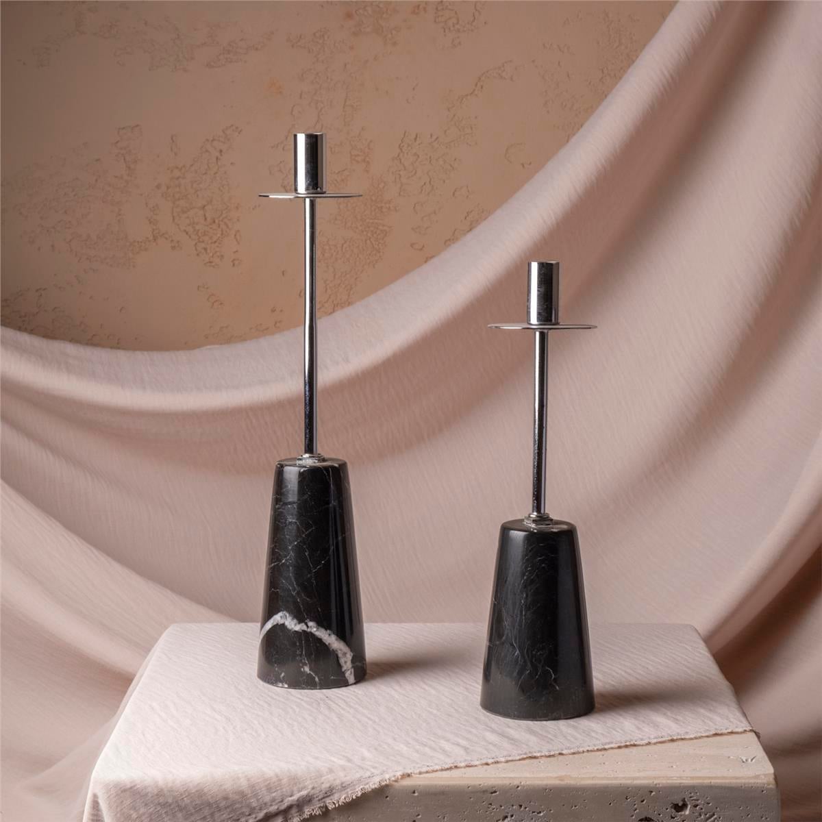Siyah Mermer Kaideli Krom Metal 2'Li Şamdanlık