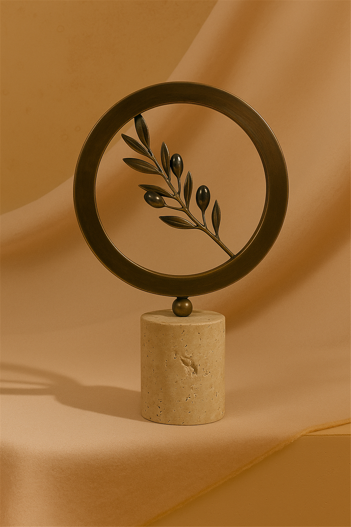 Zeytin Dalı Büyük Boy Traverten Kaideli Metal Obje