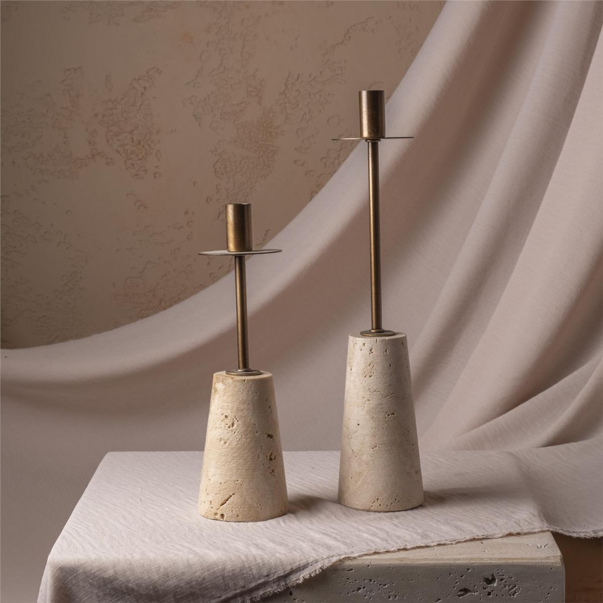 Traverten Mermer Kaideli Eskitme Metal 2'Li Şamdanlık