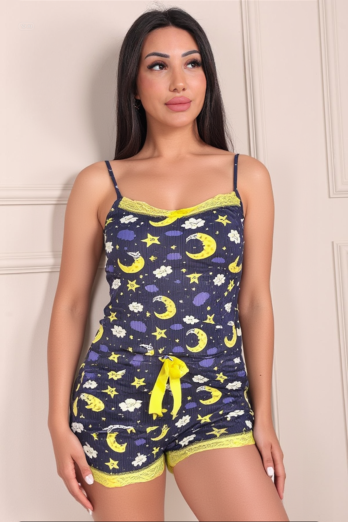 Ay Desenli Şortlu Pegasus Pijama Takım FÜME