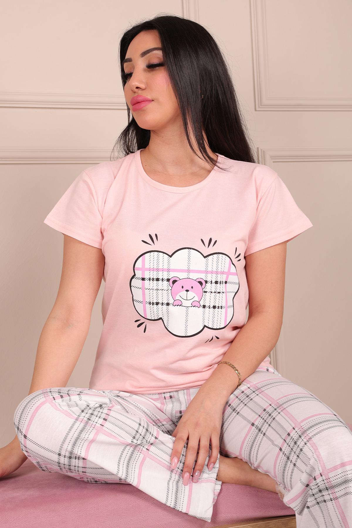 Bulut Ayıcık Desenli Kısa Kol Alt Uzun Pijama Takımı PEMBE