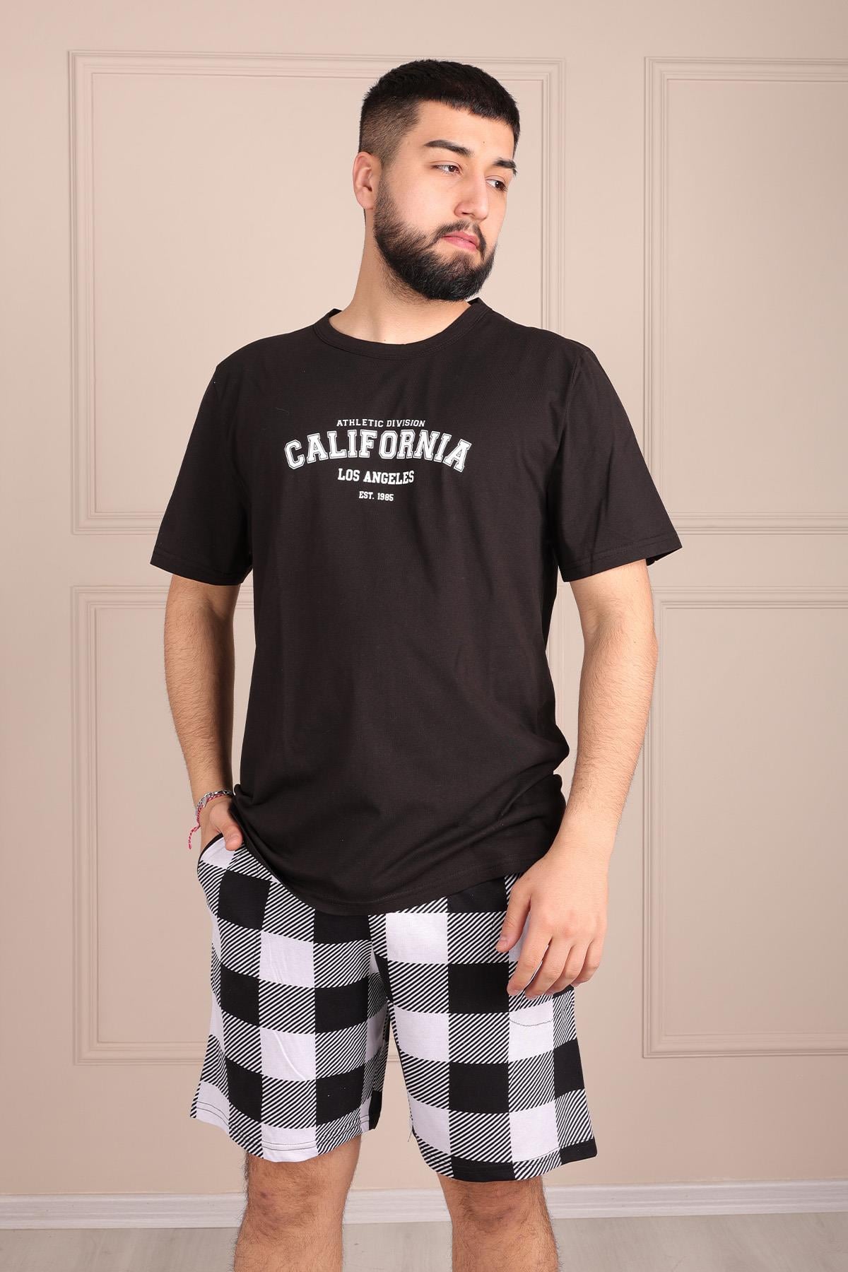 Erkek California Sloganlı Kısa Kol Şortlu Pijama Takımı SİYAH