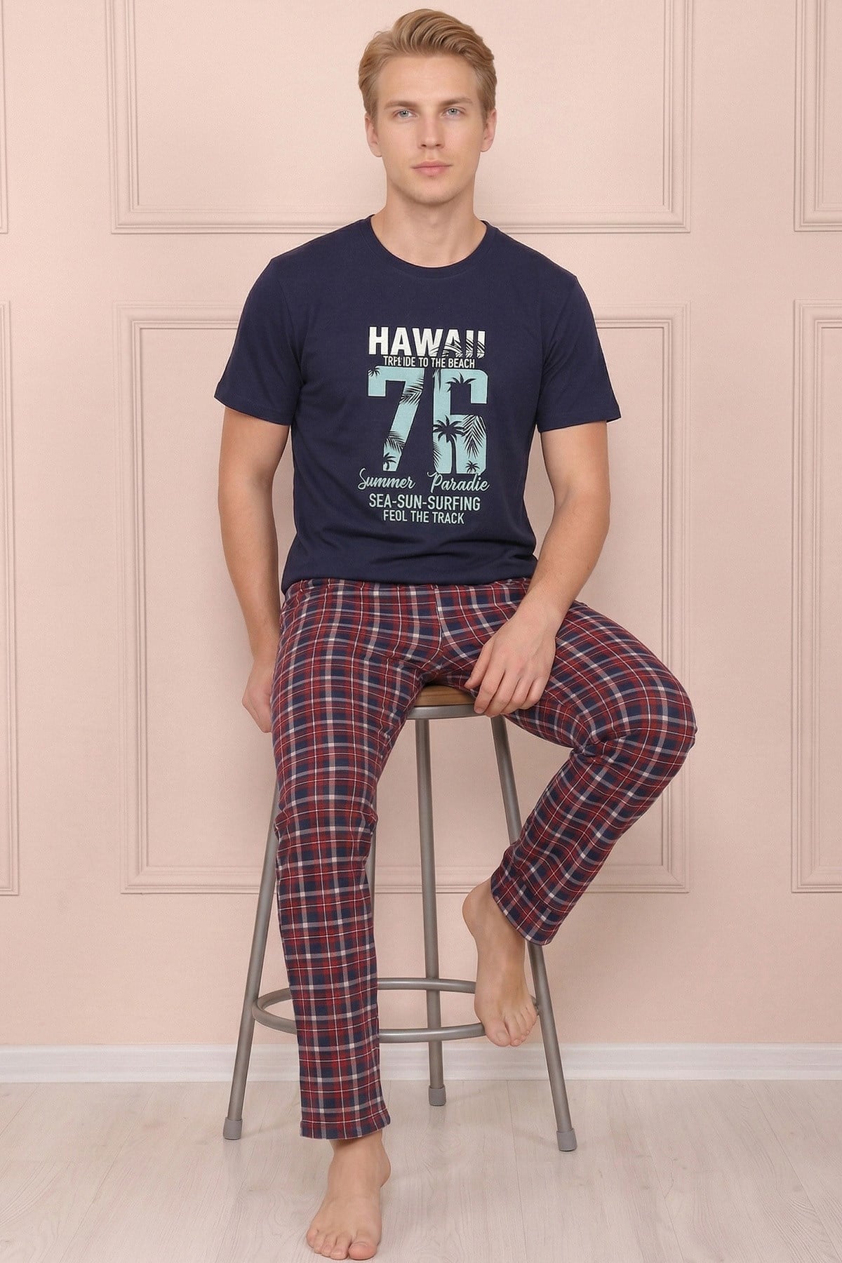 Erkek Hawaıı Baskılı Kısa Kol Altı Uzun ve Ekose Desenli  Pijama Takımı