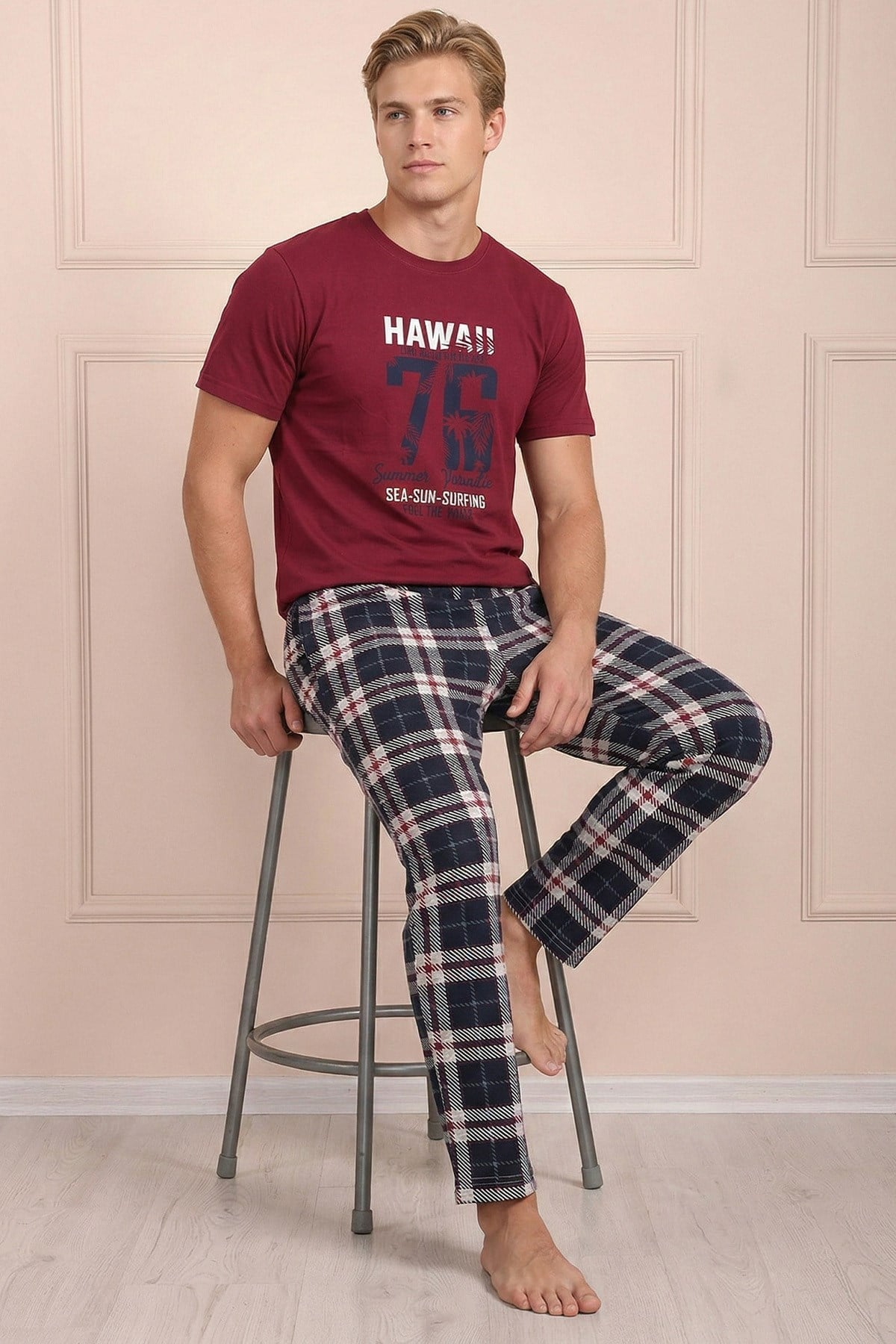 Erkek Hawaıı Baskılı Kısa Kol Altı Uzun ve Ekose Desenli  Pijama Takımı