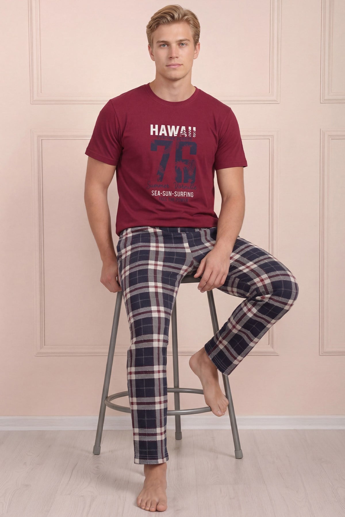 Erkek Hawaıı Baskılı Kısa Kol Altı Uzun ve Ekose Desenli  Pijama Takımı