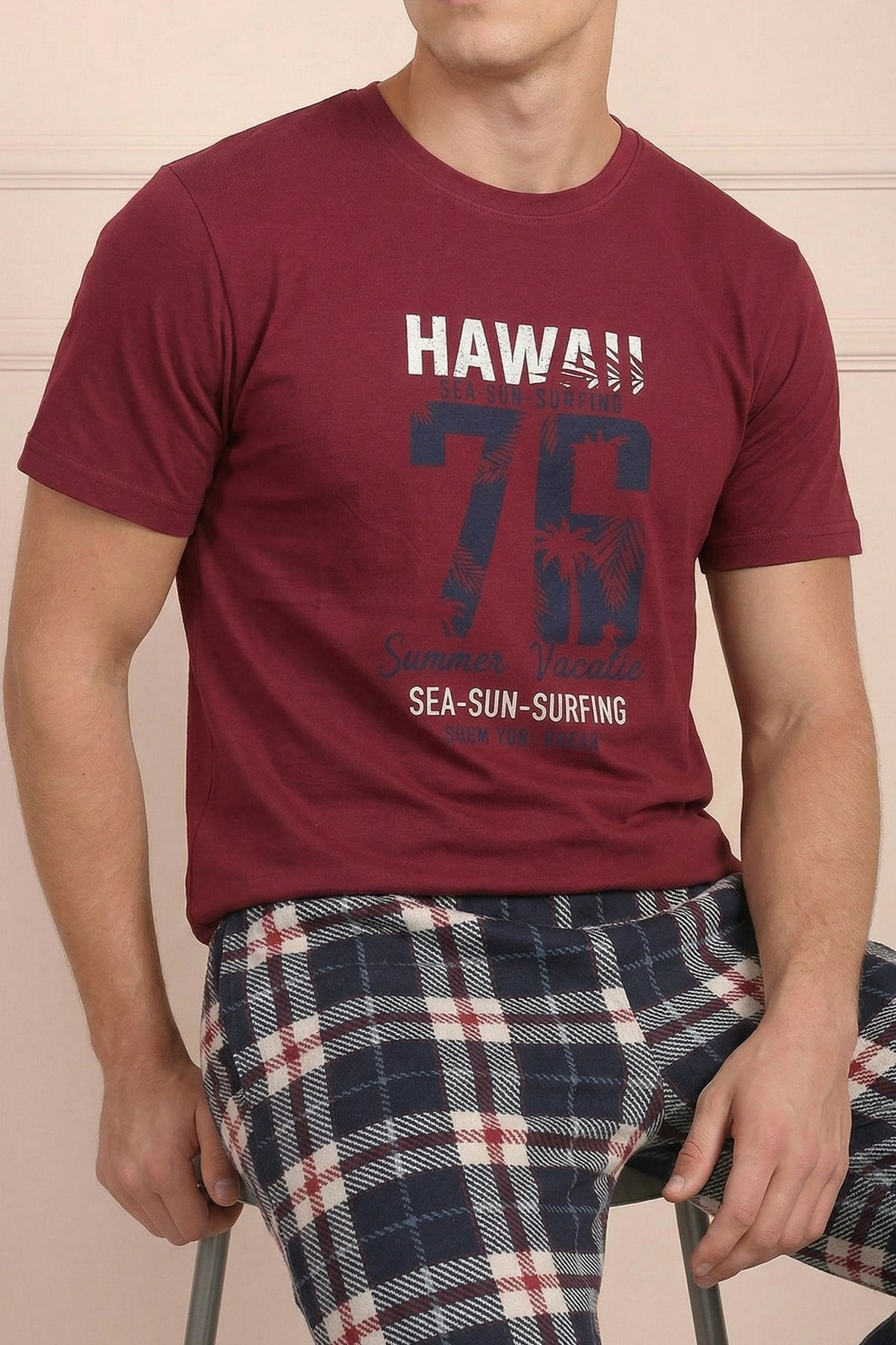 Erkek Hawaıı Baskılı Kısa Kol Altı Uzun ve Ekose Desenli  Pijama Takımı