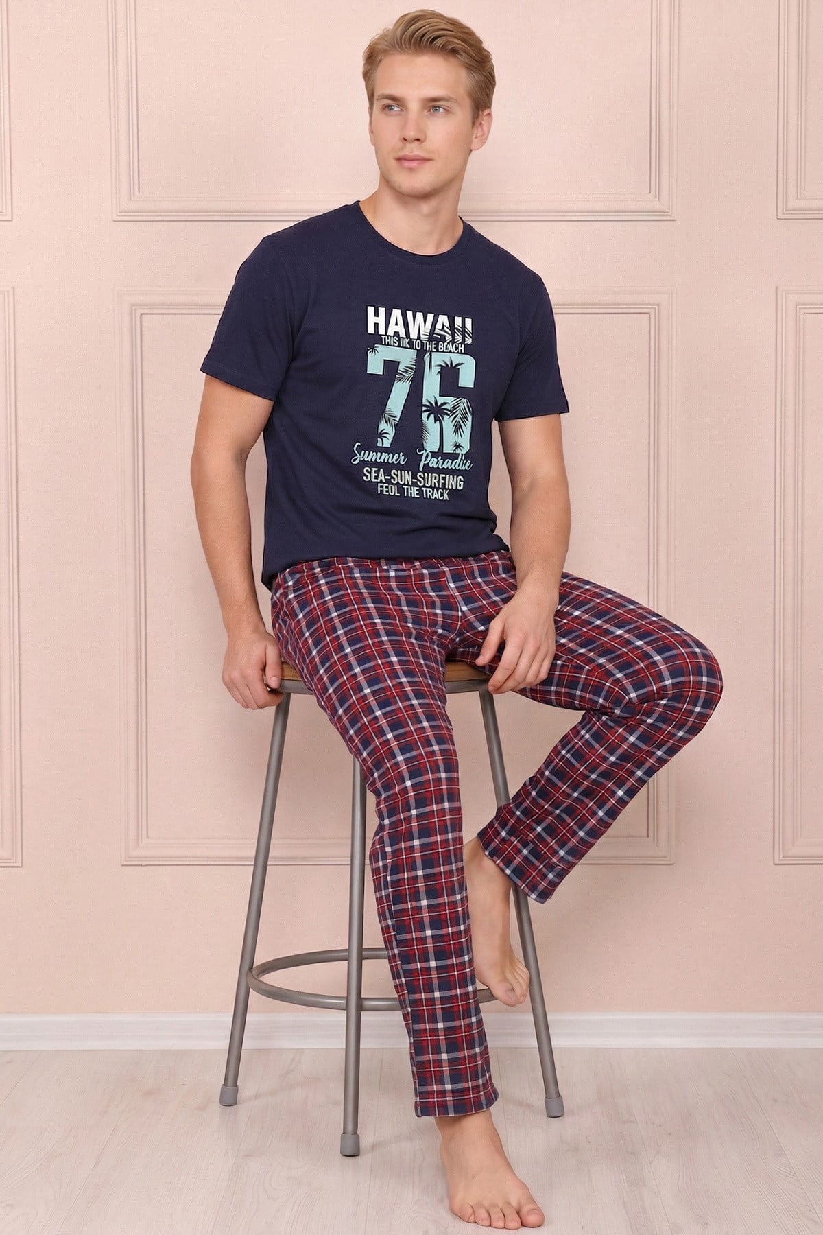 Erkek Hawaıı Baskılı Kısa Kol Altı Uzun ve Ekose Desenli  Pijama Takımı