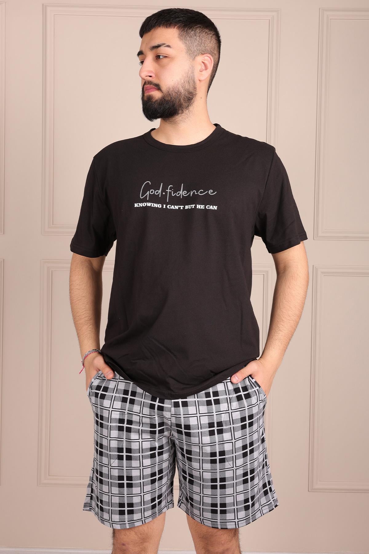 Erkek Sloganlı Kısa Kol Şortlu Pijama Takımı SİYAH