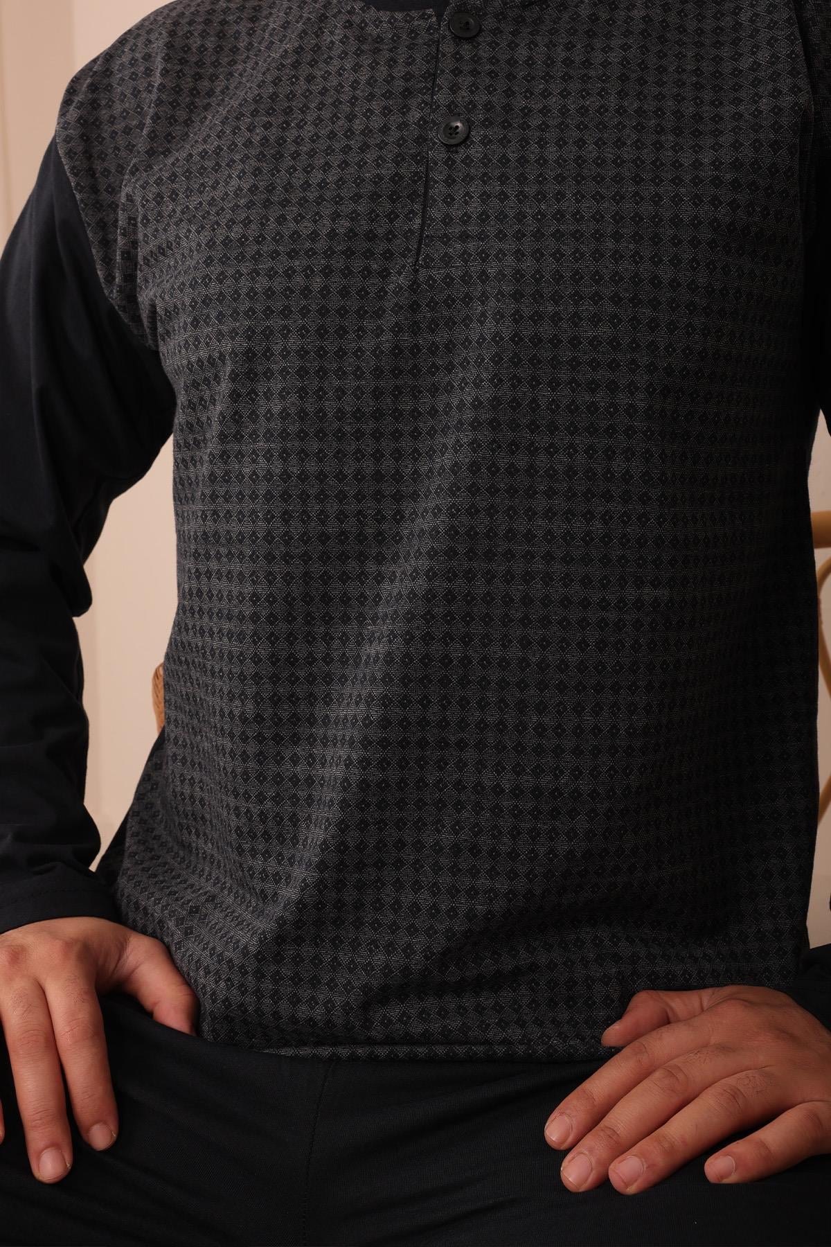 Erkek Yakası İki Düğmeli Uzun Kol Jakarlı Penye Pijama Takımı