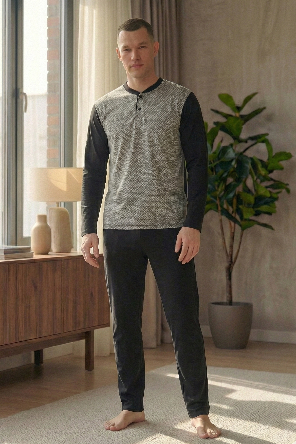 Erkek Yakası İki Düğmeli Uzun Kol Jakarlı Penye Pijama Takımı