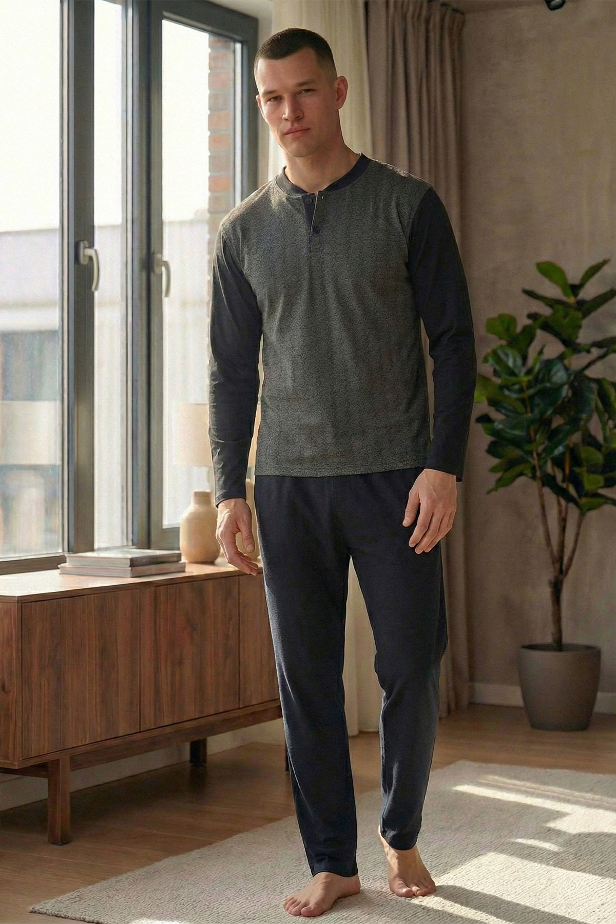 Erkek Yakası İki Düğmeli Uzun Kol Jakarlı Penye Pijama Takımı