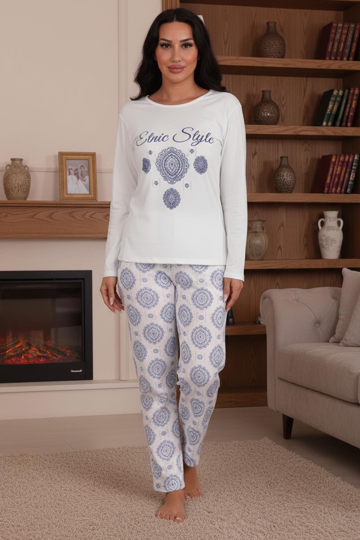 Ethnic Patterned Long Sleeve Pajama Set