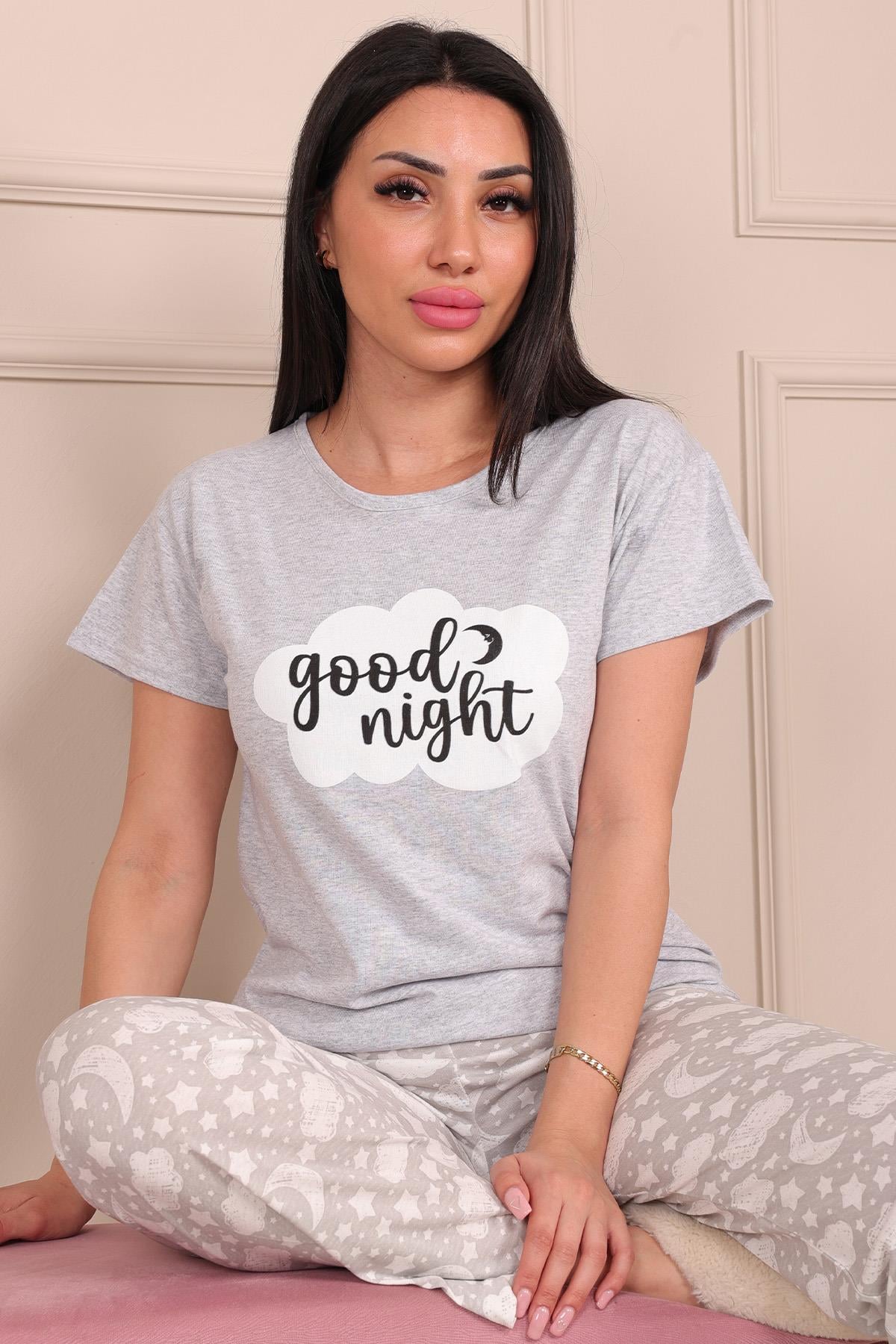 Good Night Sloganlı Kısa Kol Alt Uzun Pijama Takımı GRİ