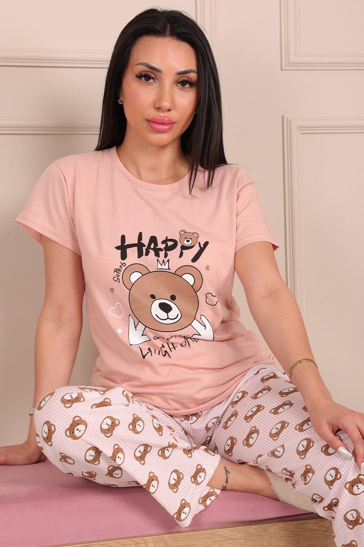 Kadın Ayıcık Baskılı ve Sloganlı Bisiklet Yaka Altı Uzun Kısa Kol Penye Pijama Takımı
