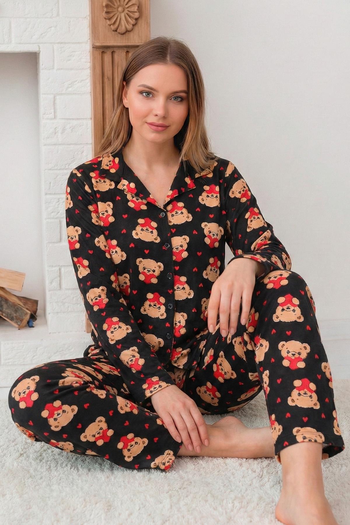 Kadın Ayıcık Desenli Önü Düğmeli Uzun Kol Altı Uzun Süet Pijama Takımı