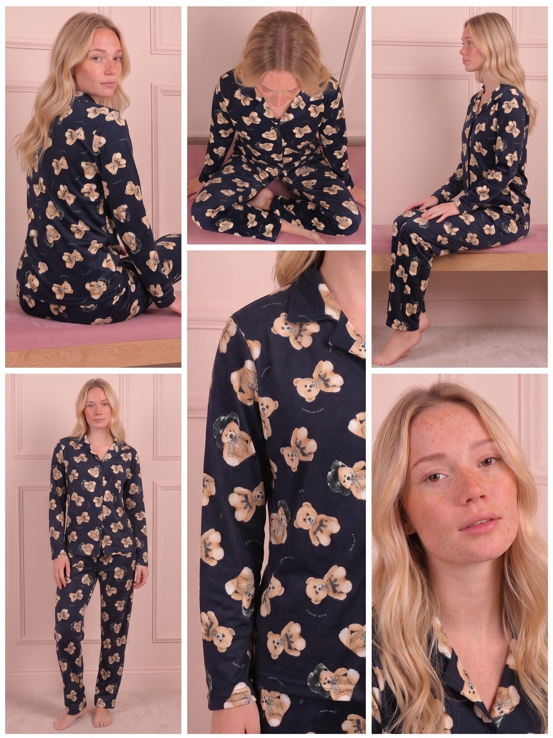 Kadın Ayıcık Desenli Önü Düğmeli Uzun Kol Altı Uzun Süet Pijama Takımı