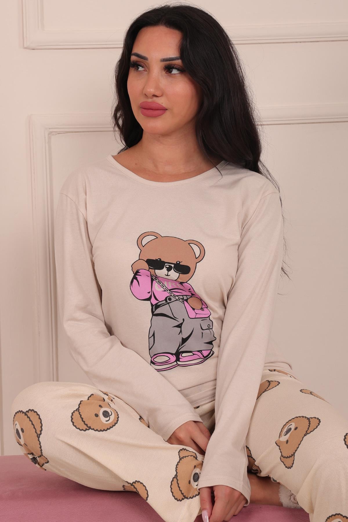 Kadın Ayıcık Desenli ve Baskılı Bisiklet Yaka Uzun Kol Altı Uzun Penye Pijama Takımı